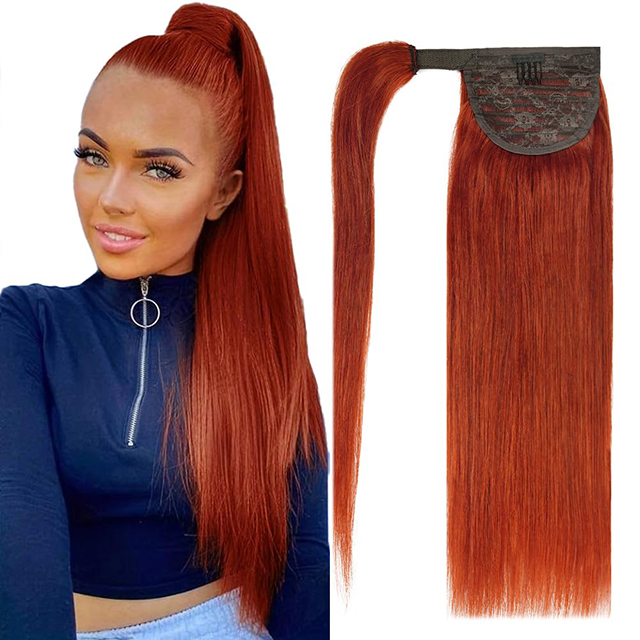 ISWEET 20" Human Hair Ponytail Extension 95g Remy Human Hair Wrap Around Ponytail Hair Extension #350 Copper Red for Women and Girls