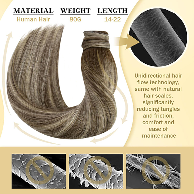 Ponytail Extension Real Human Hair for Women Clip in Ponytail Hair Extension Straight Hair Pieces Wrap Around Dark Brown Mix Medium Brown Highlights Brown Balayage 22inch 80G