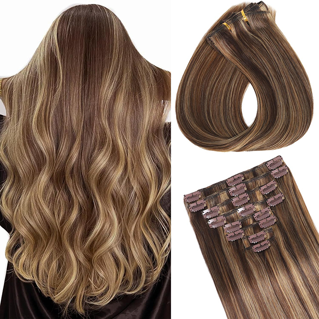 ISWEET Clip in Hair Extensions Real Human Hair #4/27-Chocolate Brown to Honey Blonde 20 Inch 105g 8pcs Invisible Straight Double Weft for Black Women Girls