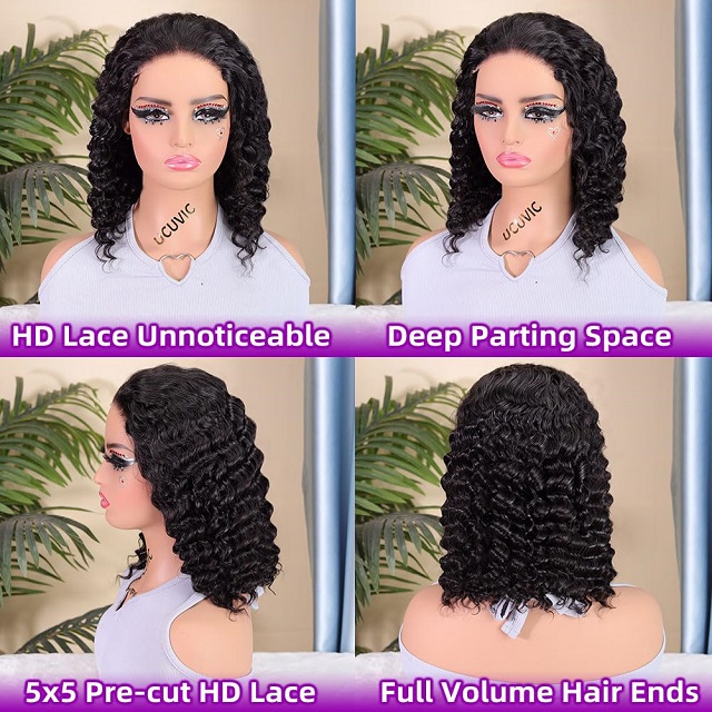 ISWEET Curly Bob Wig for Black Women – 100% Human Hair, 5x5 Wear And Go Glueless Lace Front Closure (Pre Plucked/Pre Cut), 200 Density Deep Wave, 12 Inch