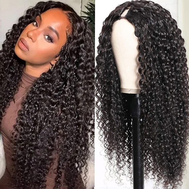 Deep Wave U Part Human Hair Wig 180% Density Middle Part Brazilian Hair Glueless Hair Wigs for Black Women Natural Color