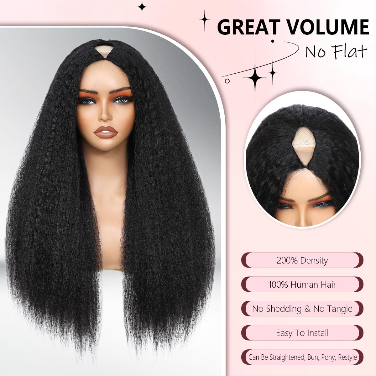 Glueless V Part U Part Wig 24" – 200% Density Kinky Straight Human Hair Half Wig with Drawstring, No Sew In No Leave Out
