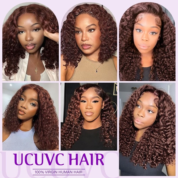 ISWEET Chocolate Brown 16 Inch Glueless Wear & Go Wig – 5x5 Lace Closure, Pre-Plucked & Pre-Cut Deep Wave Curly Bob Human Hair Wig for Black Women, 200% Density