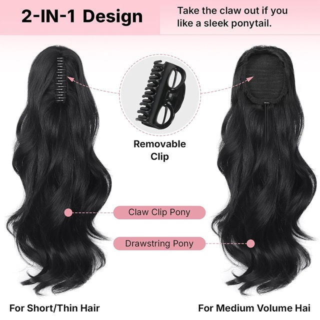 18 Inch Long Wavy Black Ponytail Extension – Claw Clip Ponytail Hairpiece for Women, Clip‑In Pony Tail Hair Extensions for Daily Wear