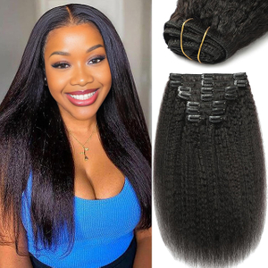 Kinky Straight Clip in Hair Extensions for Black Women - 8Pcs Brazilian Virgin Yaki Straight Human Hair 20" 120g Double Weft with 20 Clips Natural Black Hair Extensions