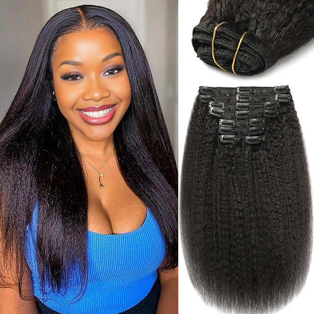 Kinky Straight Clip in Hair Extensions for Black Women - 8Pcs Brazilian Virgin Yaki Straight Human Hair 20" 120g Double Weft with 20 Clips Natural Black Hair Extensions