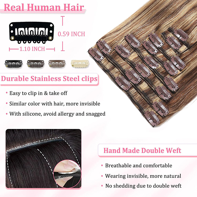 ISWEET Clip in Hair Extensions Real Human Hair #4/27-Chocolate Brown to Honey Blonde 20 Inch 105g 8pcs Invisible Straight Double Weft for Black Women Girls