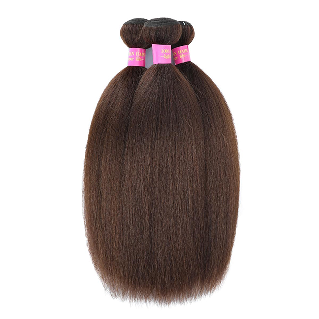 ISWEET Brown Kinky Straight Human Hair 3 Bundles 100% Unprocessed Brazilian Virgin Remy Hair Extensions Yaki Straight Weave (16, 18, 20 Inches)