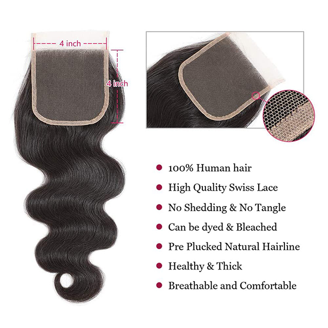 Body Wave Bundles with Closure Brazilian Human Hair 3 Bundles with 4x4 HD Lace Closure 100% Unprocessed Virgin Hair Natural Color