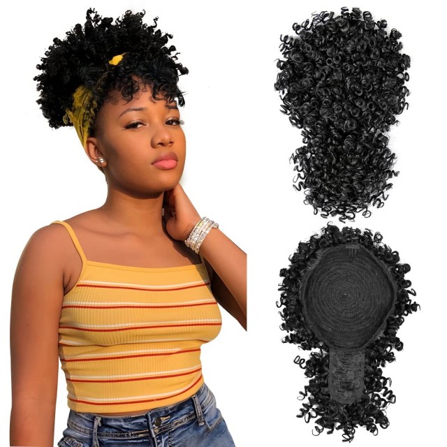 ISWEET Black Kinky Curly Afro Puff Ponytail – Drawstring Design with Bangs, Short Updo Hairpieces for Black Women (Natural Black 1B)