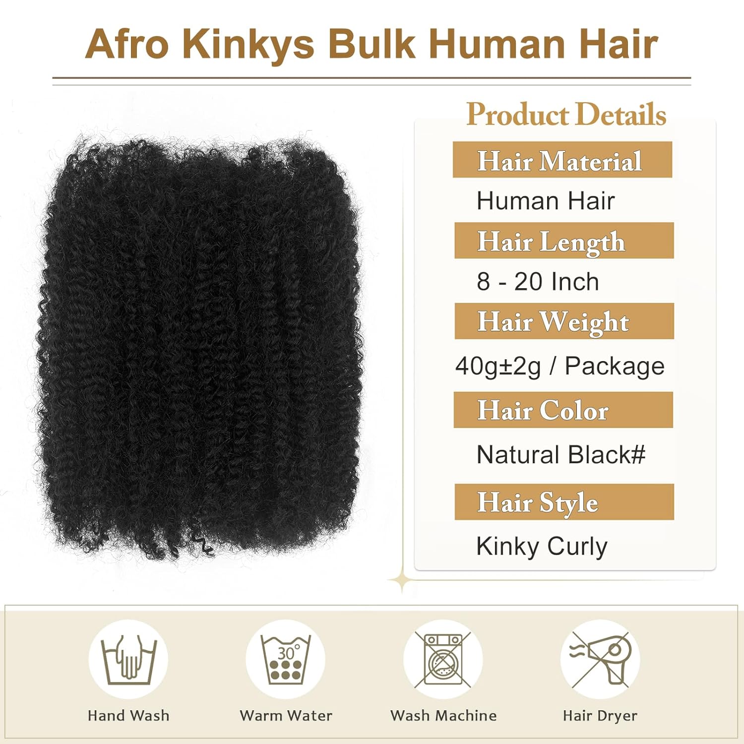 Afro Twist Human Hair 16 Inch Afro Kinkys Bulk Human Hair 40g/Bundle Natural Black Human BraidingHair for Loc Extensions Marley Twist Brainding Hair (16inch,Pack of 2)
