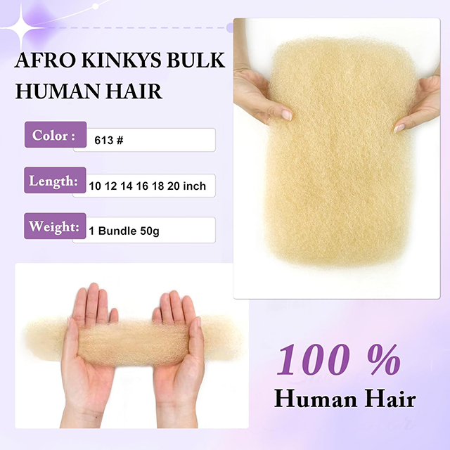 ISWEET Afro Kinkys Human Hair Bulk for Crochet Braids 613 Blonde Kinky-Curly Bundles for Twist-Outs 50g Natural Black Hair Extensions 20 Inch
