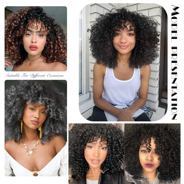 ISWEET African American Afro Kinky Curly Wig with Bangs – 1B Natural Black, Realistic Daily Wear Wig for Black Women