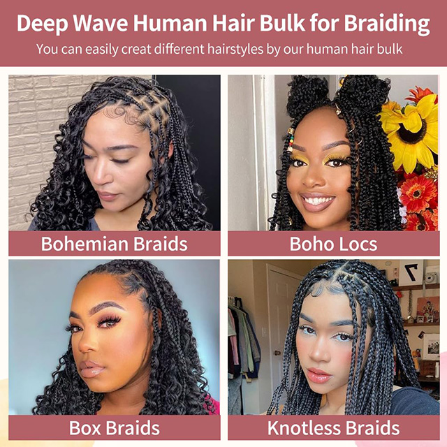 Human Braiding Hair for Boho Braids 2 Bundles Natural Black Color 10A Brazilian Virgin Deep Wave Bulk for Boho Knotless Braids