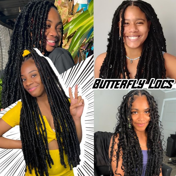 1B Pre-Looped Butterfly Locs Crochet Hair – 18 Inch, 8 Packs 96 Strands Soft Synthetic Distressed Braids