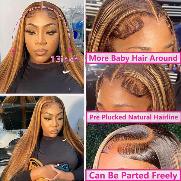 Isweet Ombre Lace Front Wig Human Hair Highlight 13x6 HD Straight Lace Front Wigs 180% Density 4/27 Colored Honey Blonde HD Lace Frontal Wigs For Women Glueless Pre Plucked with Baby Hair 30inch