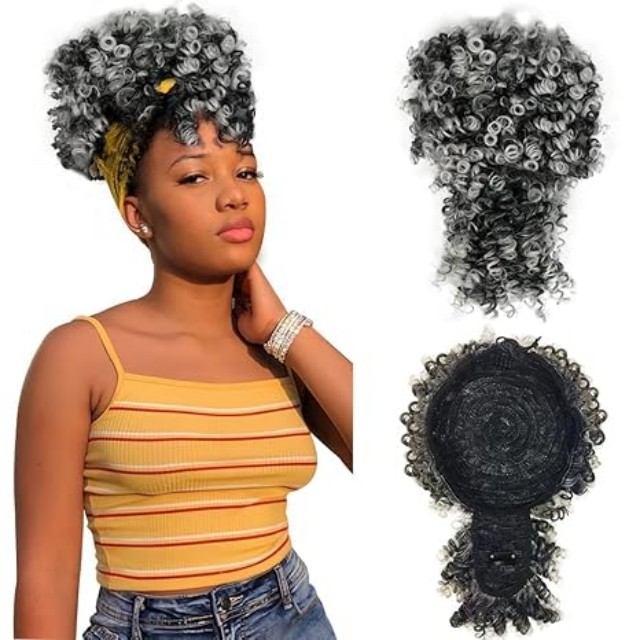 ISWEET Black Kinky Curly Afro Puff Ponytail – Drawstring Design with Bangs, Short Updo Hairpieces for Black Women (Natural Black 1B)