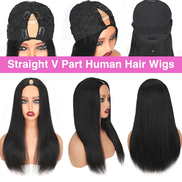 V Part Human Hair Straight Wig for Black Women: Upgraded U Part, No Leave Out/Sew/Glue, 18-Inch Clip-In Half Wig, 180% Density Natural Black