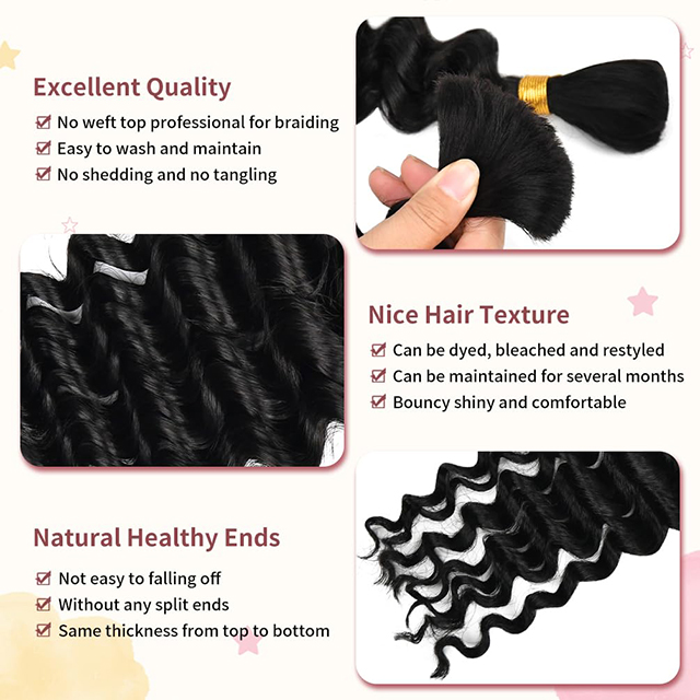 Human Braiding Hair for Boho Braids 2 Bundles Natural Black Color 10A Brazilian Virgin Deep Wave Bulk for Boho Knotless Braids