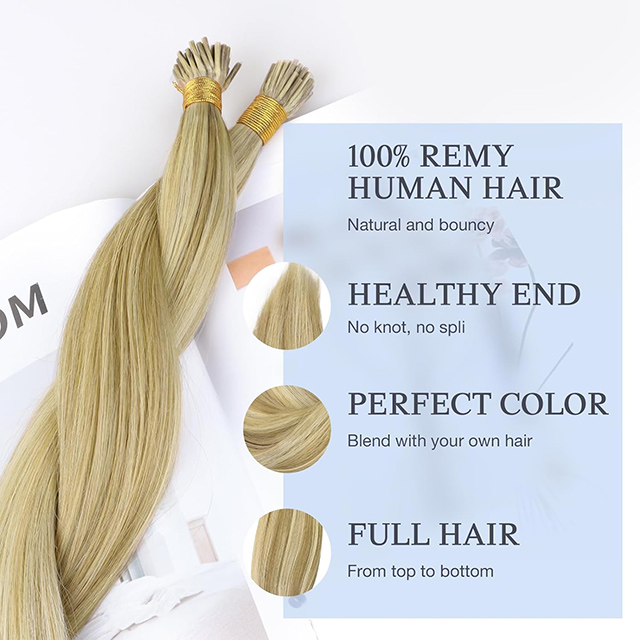 I Tip Hair Extensions Remy Human Hair #16/22 Light Blonde Mixed Golden Blond Highlights 1g/Strand Micro Tip 50G/Pack Invisible Straight Ombre Hair For Women Girls