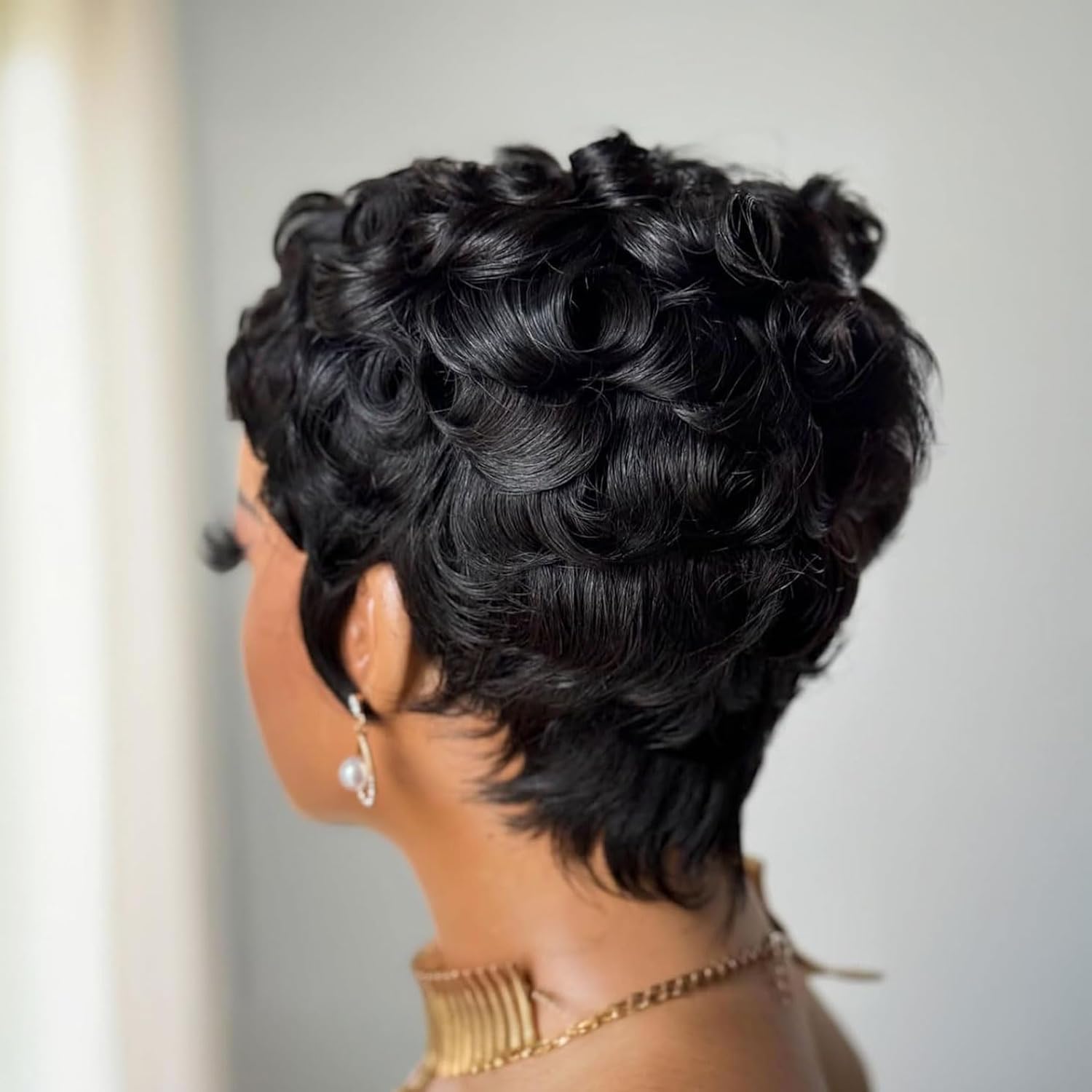 ISWEET Glueless Brazilian Curly Pixie Cut Wig Human Hair – Short Layered Wig with Bangs, Natural Black, No Glue Wig for Black Women Daily Wear