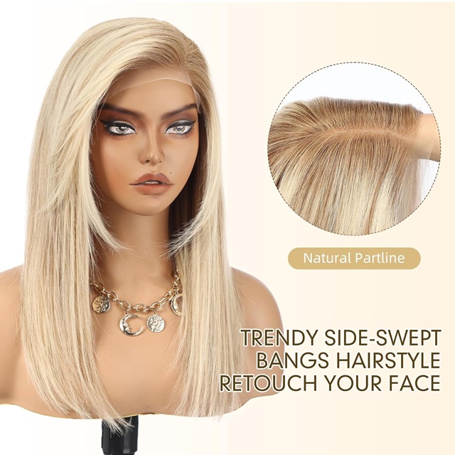 ISWEET 100% Human Hair Lace Front Wig for Women – 16 Inch Ombre Blonde Brown with Side Swept Bangs