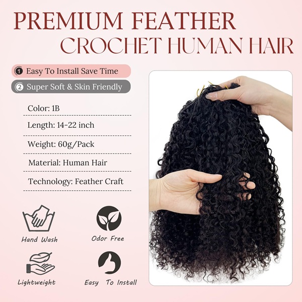 ISWEET Salon‑Grade Curly Feather Crochet Human Hair – 22 Inch 60g Pre‑Separated Pre‑Looped, Invisible & Thick, Tangle‑Free Reusable Boho Braids Extensions