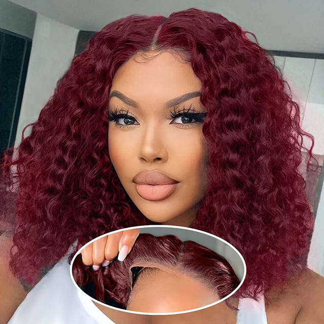 ISWEET 14 Inch Remy Human Hair Ponytail Wig 180% Density 4x4 Lace Burgundy Glueless Pre Plucked Pre Cut Bob Wig for Women and Girls
