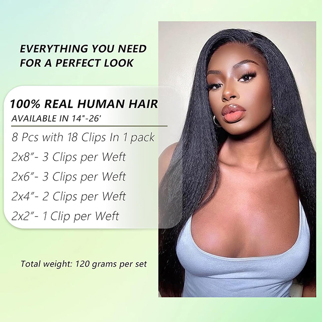 Kinky Straight Clip in Hair Extensions for Black Women - 8Pcs Brazilian Virgin Yaki Straight Human Hair 20" 120g Double Weft with 20 Clips Natural Black Hair Extensions