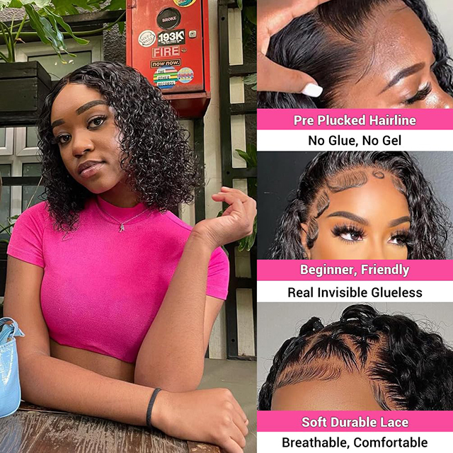ISWEET Short Deep Wave Wear and Go Glueless Wigs Human Hair 14 Inch Pre Cut 210% Density 4x4 HD Lace Front Wigs Pre Plucked For Black Women (Natural Black 1B)