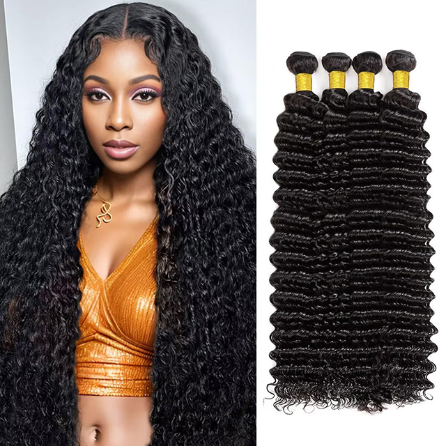 12A Deep Wave Human Hair Bundles 100% Unprocessed Brazilian Virgin Hair 4 Bundles Water Wave 20 22 24 26 Inch Thick Soft No Shedding for Women