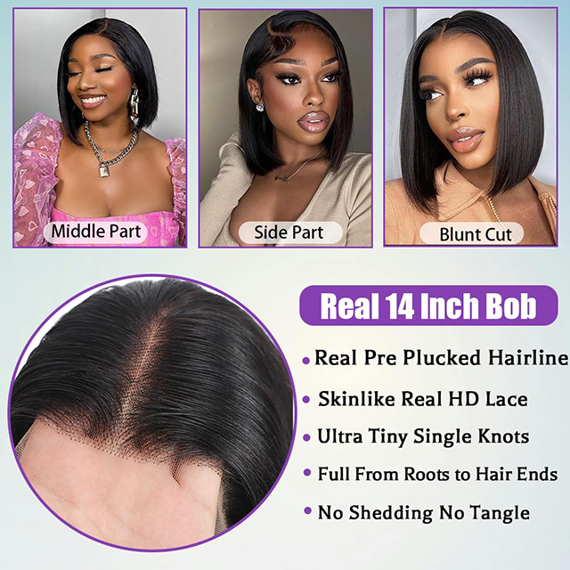 Short Straight Bob Wig for Women - 14 Inch Human Hair 13x6 HD Lace Front Wig 180% Density Pre Plucked Glueless Bob Wigs"