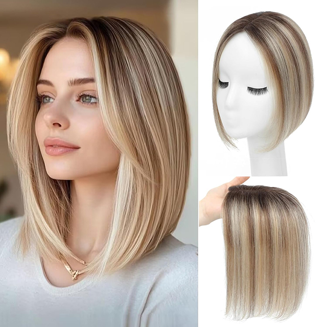 Isweet Hair Topper för tunnare hår - 10 tum mänskligt hår med schweizisk spetsbas ombre ljusbrun blonda höjdpunkter oupptäckbar daglig slitagelösning