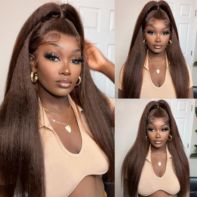 ISWEET Brown Kinky Straight Human Hair 3 Bundles 100% Unprocessed Brazilian Virgin Remy Hair Extensions Yaki Straight Weave (16, 18, 20 Inches)