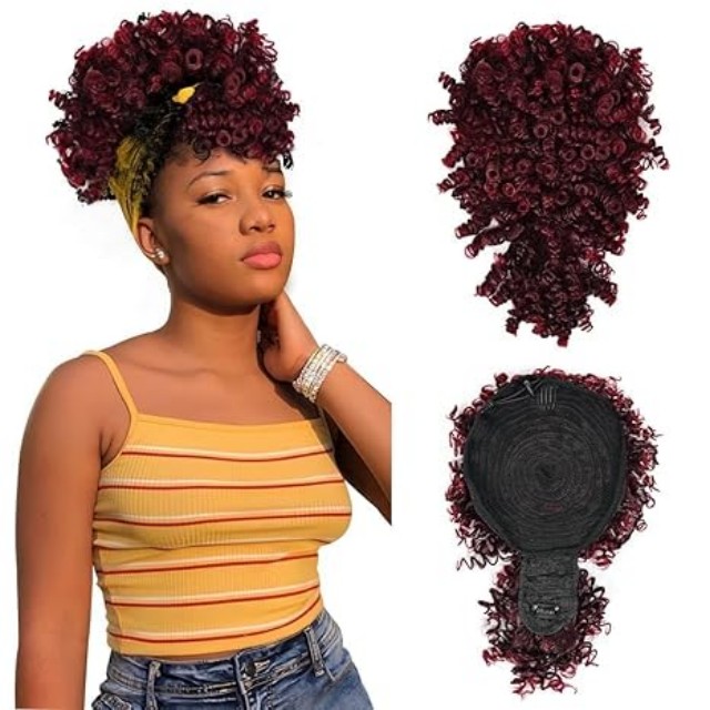 ISWEET Black Kinky Curly Afro Puff Ponytail – Drawstring Design with Bangs, Short Updo Hairpieces for Black Women (Natural Black 1B)
