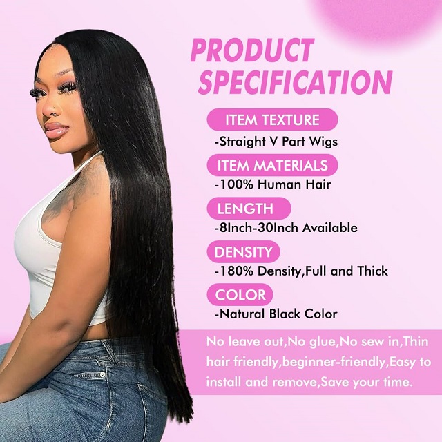 V Part Human Hair Straight Wig for Black Women: Upgraded U Part, No Leave Out/Sew/Glue, 18-Inch Clip-In Half Wig, 180% Density Natural Black