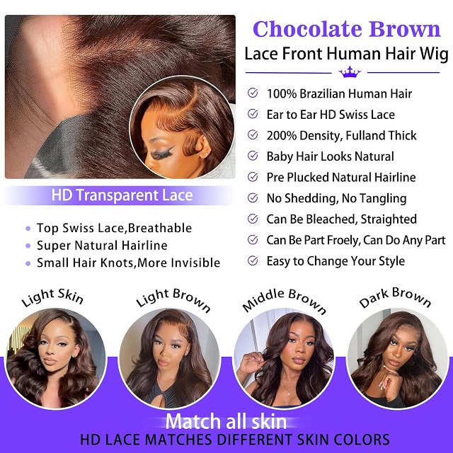 Chocolate Brown Human Hair Wig: 200 Density, 13X6 Body Wave HD Lace Front, Pre Plucked Glueless, 26-Inch for Women
