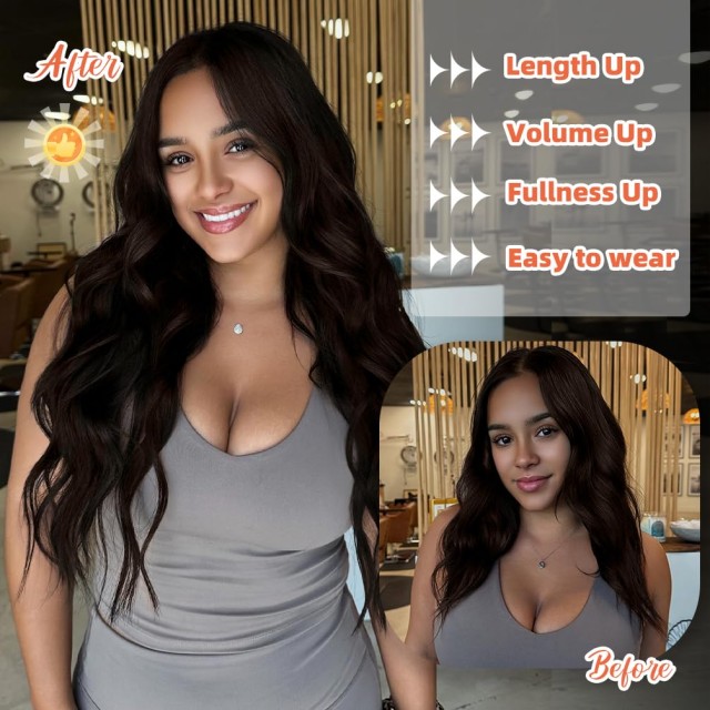 Dark Brown #2 Wavy Clip-In Hair Extensions – 20 Inch 1 Pack 5 Clips, 3/4 Full Head Invisible Hairpiece