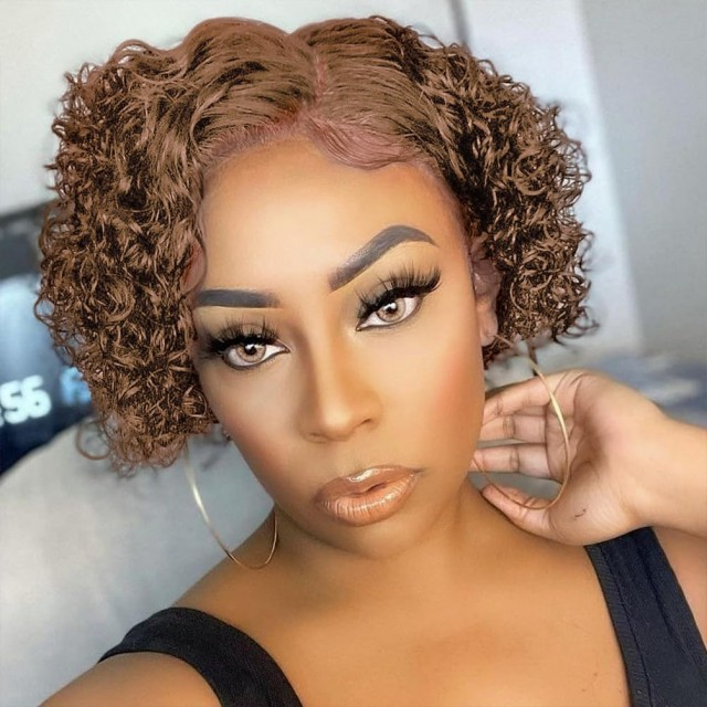 Wear & Go Glueless Short Curly Bob Wig Human Hair – 180% Density 8 Inch Light Brown, Pre-Plucked Pre-Cut Deep Wave Lace Front Wig for Women