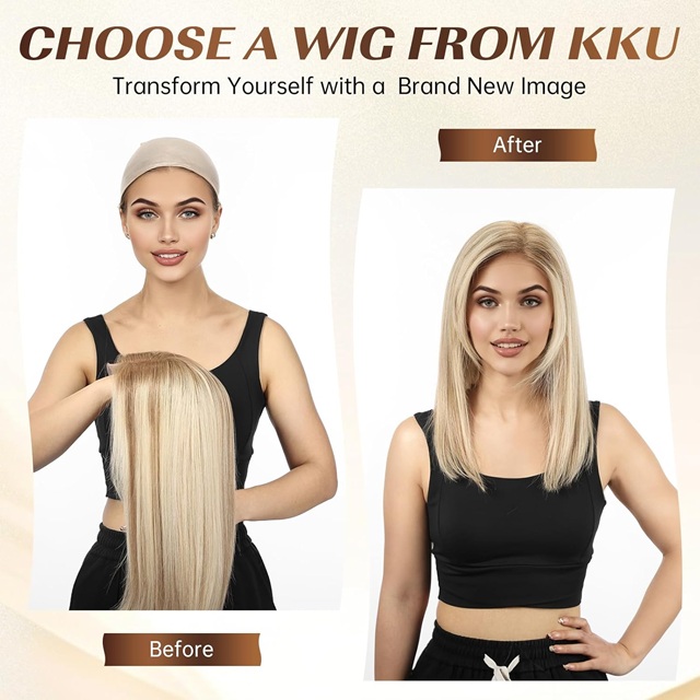 ISWEET 100% Human Hair Lace Front Wig for Women – 16 Inch Ombre Blonde Brown with Side Swept Bangs