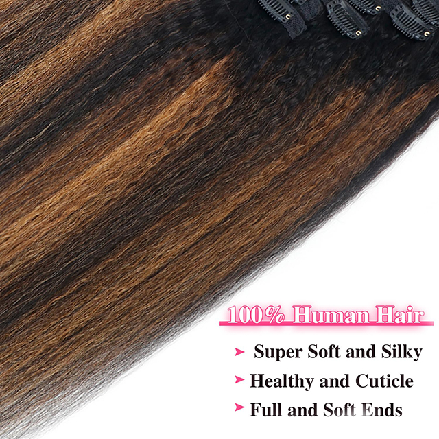 Kinky Straight Clip in Hair Extensions for Black Women - 8Pcs Brazilian Virgin Yaki Straight Human Hair 20" 120g Double Weft with 20 Clips Highlight Hair (T1BP1B/30)