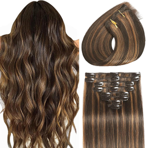 Clip in Hair Extensions Real Human Hair, Seamless Balayage Human hair Clip ins Extensions for Women Invisible Straight 8Pcs Double Weft Dark Brown Highlight Chestnut Brown 24inch 120g