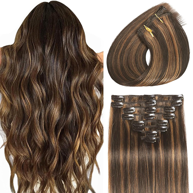 Clip in Hair Extensions Real Human Hair, Seamless Balayage Human hair Clip ins Extensions for Women Invisible Straight 8Pcs Double Weft Dark Brown Highlight Chestnut Brown 24inch 120g