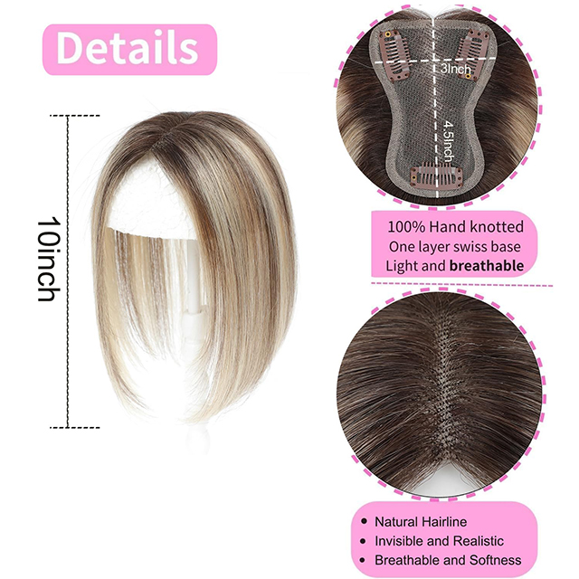 ISWEET Hair Topper for Thinning Hair - 10 Inch Human Hair with Swiss Lace Base Ombre Light Brown Blonde Highlights Undetectable Daily Wear Solution
