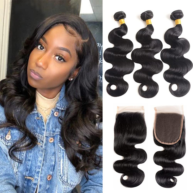 Body Wave Bundles with Closure 100% Unprocessed Peruvian Hair 3 Bundles with 4x4 HD Lace Closure Natural Color For Black Women