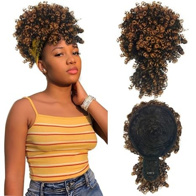 ISWEET Black Kinky Curly Afro Puff Ponytail – Drawstring Design with Bangs, Short Updo Hairpieces for Black Women (Natural Black 1B)