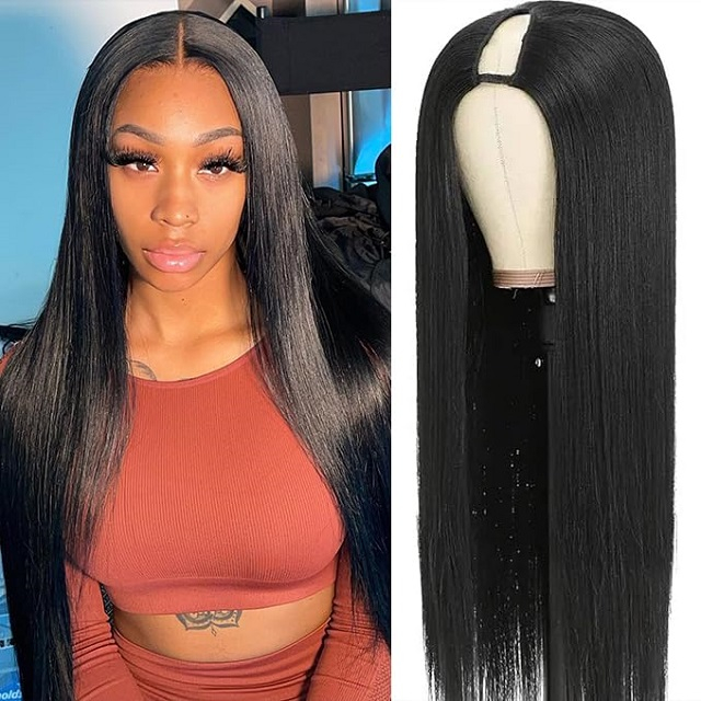 V Part Human Hair Straight Wig for Black Women: Upgraded U Part, No Leave Out/Sew/Glue, 18-Inch Clip-In Half Wig, 180% Density Natural Black