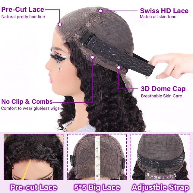 ISWEET Curly Bob Wig for Black Women – 100% Human Hair, 5x5 Wear And Go Glueless Lace Front Closure (Pre Plucked/Pre Cut), 200 Density Deep Wave, 12 Inch