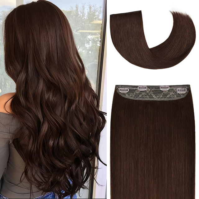 Halo Hair Extensions Real Human Hair, Invisible Wire Halo Hair Extensions Medium Brown #4 Color Long Straight Real Remy Hair Piece for Women Girls