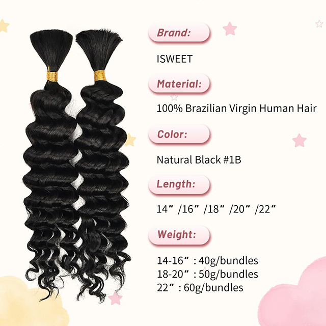 Human Braiding Hair for Boho Braids 2 Bundles Natural Black Color 10A Brazilian Virgin Deep Wave Bulk for Boho Knotless Braids